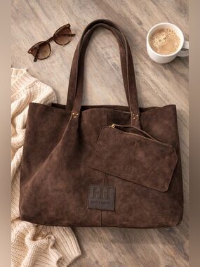 Haute Hippie Suede Leather Tote Bag Brown Oversized Boho Shoulder Bag + Pouch
